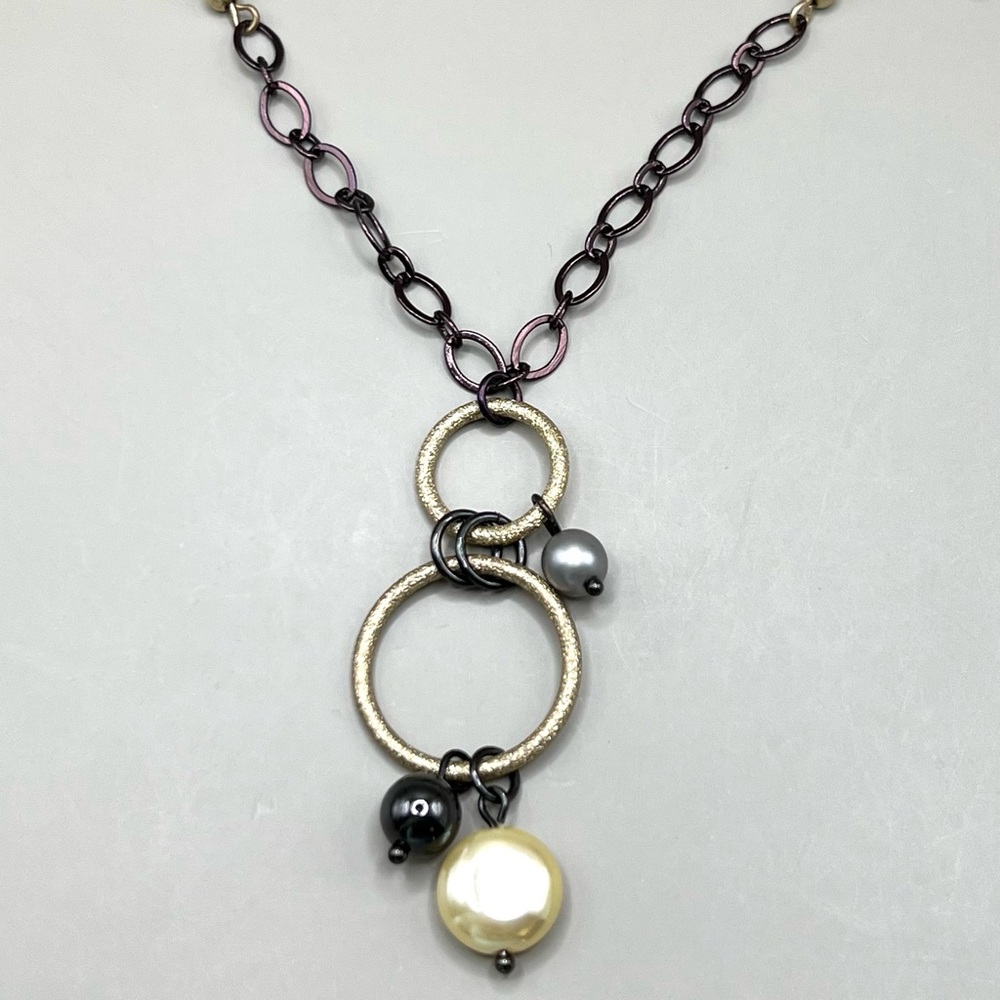 EUC lia sophia “Spin Off” necklace 35-38”, mixed metals, w/ glass & resin beads